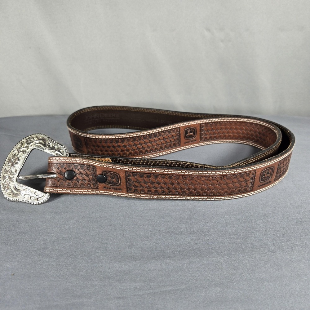 Vintage John Deere Mens 44 Belt Brown Leather Basketweave Tooled Western 90s - Picture 11 of 12
